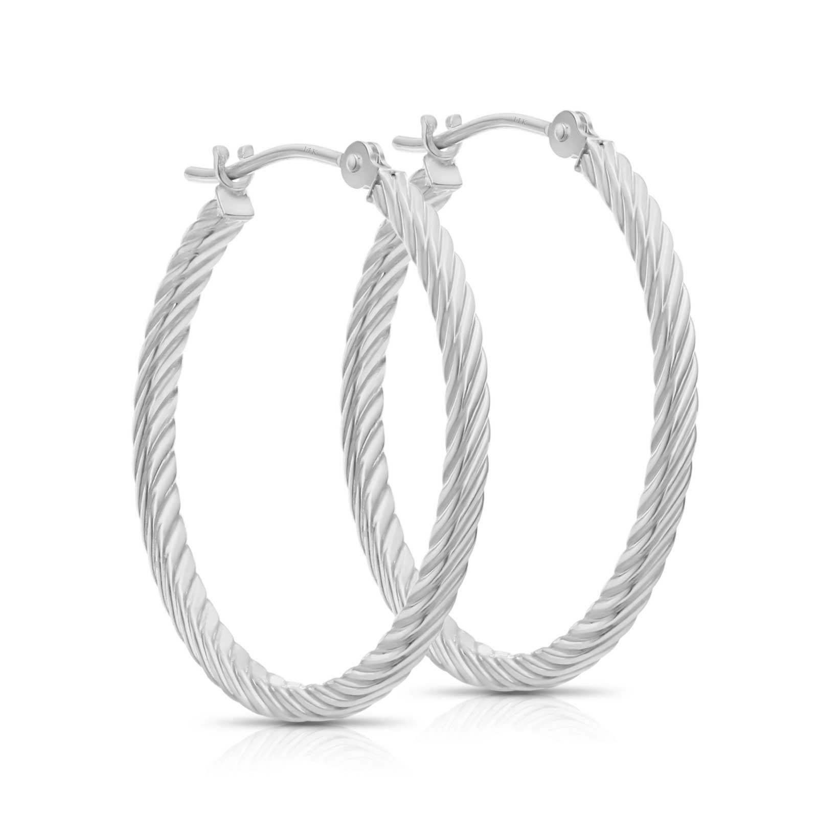 14k White Gold Twist Motif Oval Shape Hoop Earrings main image 0