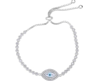 Sterling Silver Evil Eye Bracelet for Protection Kabbalah with CZ