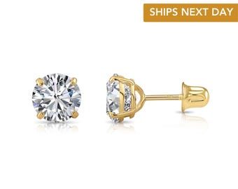 Aretes solitarios de circonita cúbica redonda en oro amarillo de 14 k con cierre de rosca seguro, unisex, de TILO Jewelry