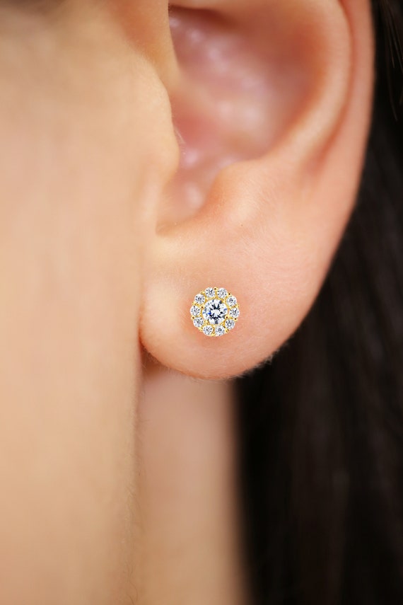 3mm CZ Round Studs, Baby/Children's Earrings, Screw Back - 14K Rose Gold