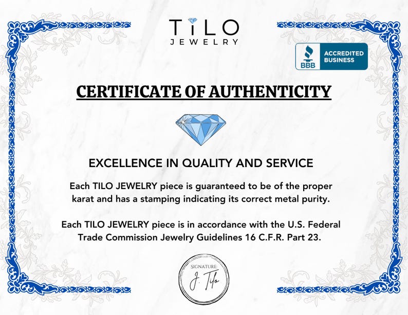 Op de afbeelding: Een wit TILO JEWELRY certificaat van echtheid met een blauwe decoratieve rand. Het bevat een blauw diamanten icoon, de tekst CERTIFICATE OF AUTHENTICITY, EXCELLENCE IN QUALITY AND SERVICE en een BBB Accredited Business logo in de hoek.