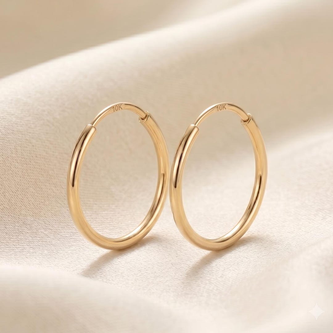 10K Yellow Gold Round Endless Hoop Earrings, Minimalist Dainty