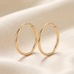 10K Yellow Gold Round Endless Hoop Earrings, Minimalist Dainty Hoops, Polished 1mm Thin, By TILO Jewelry