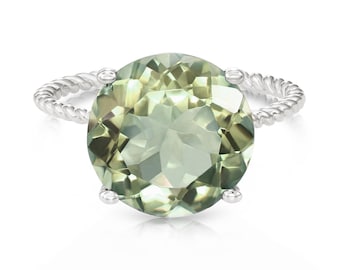 Sterling Silver Green Amethyst Ring, Five Carat Huge Natural Gemstone, 925 Twist Rope Design, By TILO Jewelry