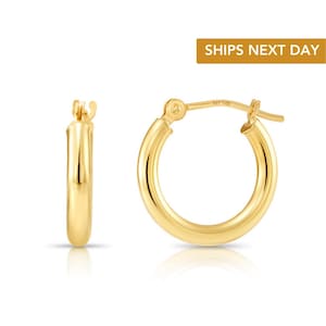 Massive 14K Gold-Creolen, 14 Karat Gelbgold runde Creolen mit einem klassischen glänzenden polierten Finish, 14 mm kleine Größe, handgefertigt in den USA
