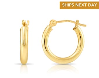 Solid 14K Gold Hoop Earrings, 14 Karat Yellow Gold Round Hoops with a Classic Shiny Polished Finish, 14mm Small Size Handmade in the USA