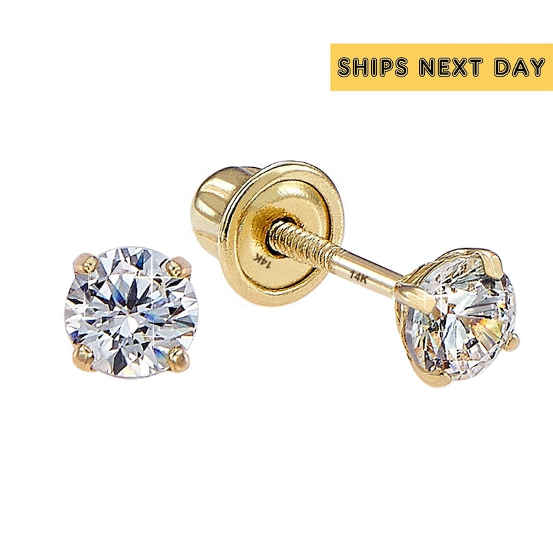 14k Solid Yellow Gold Basket Set Round CZ Stud Earrings, Screw back Cz Studs, Sleeper Cz Studs, Unisex 