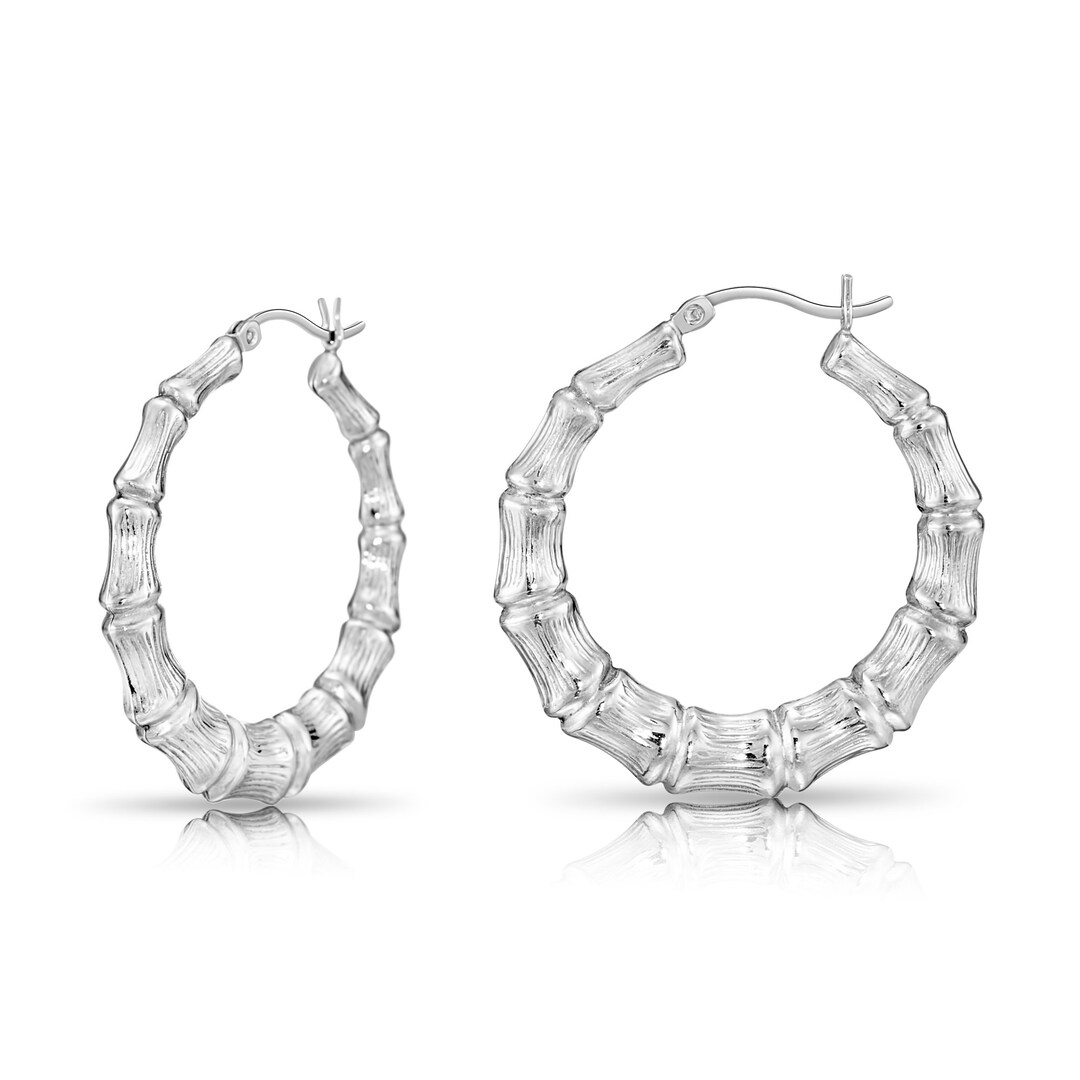 Bamboo Circles Sterling Silver Earrings plated in Rhodium