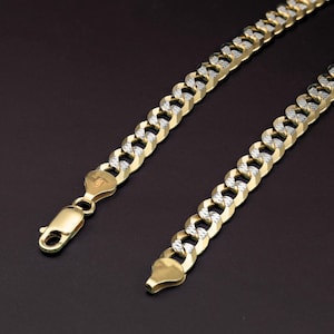 14k Gold Curb Chains, Italian 925 Solid Silver Chain With Two-Tone Gold Plating, Engraved Diamond-Cuts Necklace, With Secure Lobster Lock