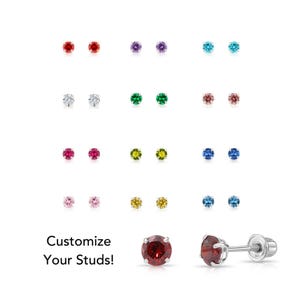 14k White Gold Birthstone Stud Earrings, Sleeper Screw back CZ Studs, 4mm, Handmade & Designed By TILO Jewelry