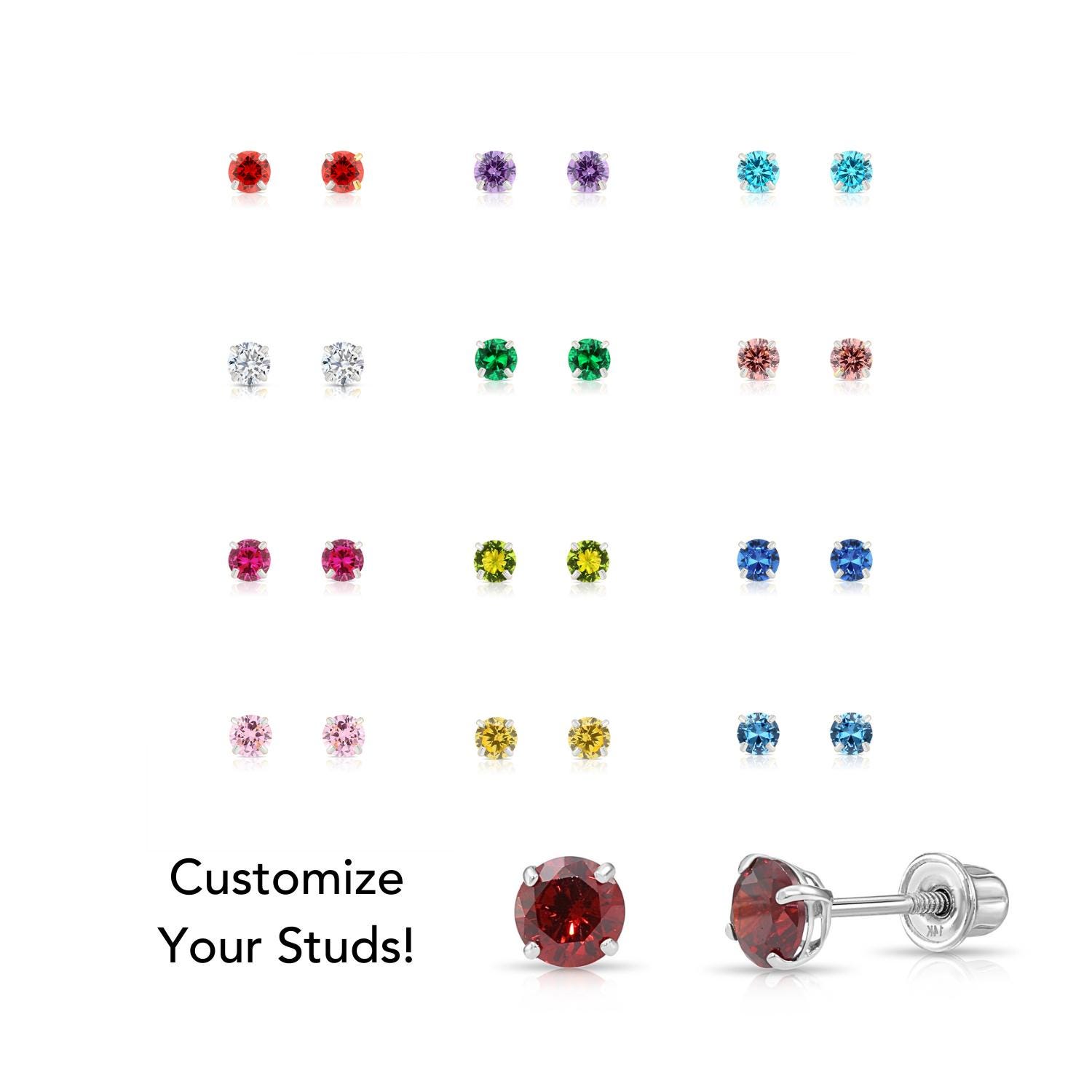 14k White Gold Birthstone Stud Earrings, Sleeper Screw Back