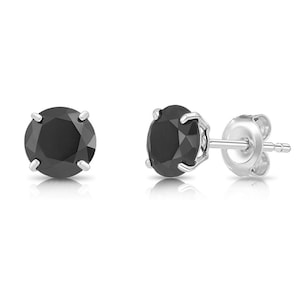 10K White Gold Black Onyx CZ Stud Earrings, Secure Push back Sleeper Studs, Four-Prong Basket Setting, Unisex, By TILO Jewelry