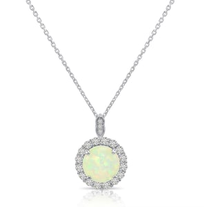 Colgante de halo de ópalo de fuego en plata de ley, collar de ópalo simulado con halo de circonitas cúbicas brillantes, delicado colgante de ópalo, de TILO Jewelry