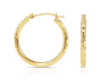 14K Gold Tornado Hoop Earrings, TILO Special Hand Engraved Designer Hoops, 14K SOLID GOLD, 1 inch (25mm), Handmade By Tilo Jewelry