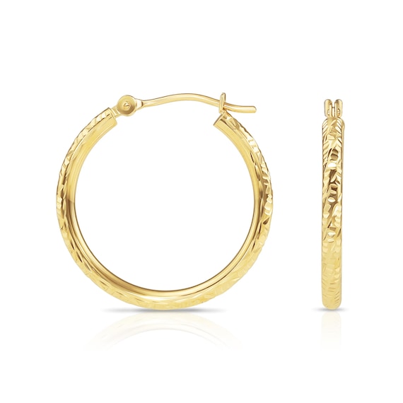14K Gold Tornado Hoop Earrings, TILO Special Hand Engraved Designer Hoops, 14K SOLID GOLD, 1 inch (25mm), Handmade By Tilo Jewelry