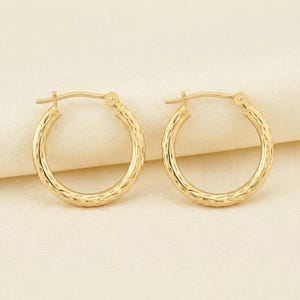 10K Yellow Gold Round Diamond-Cut Hoop Earrings, Hand Engraved All Around Hoops, Made In USA, By TILO Jewelry