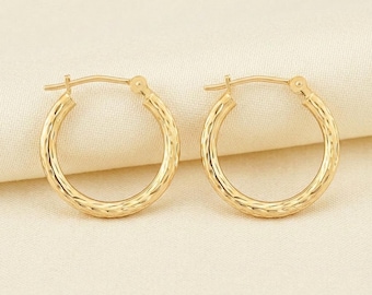 10K Yellow Gold Round Diamond-Cut Hoop Earrings, Hand Engraved All Around Hoops, Made In USA, By TILO Jewelry