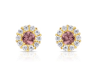 14k Solid Yellow Gold CZ Halo Stud Earrings, Tiny June Birthstone Alexandrite, 3mm