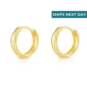 14k Yellow Gold Round Huggie Earrings, Solid 14k Gold Shiny Small Round Plain Huggie Hoop, Handmade Fine Jewelry