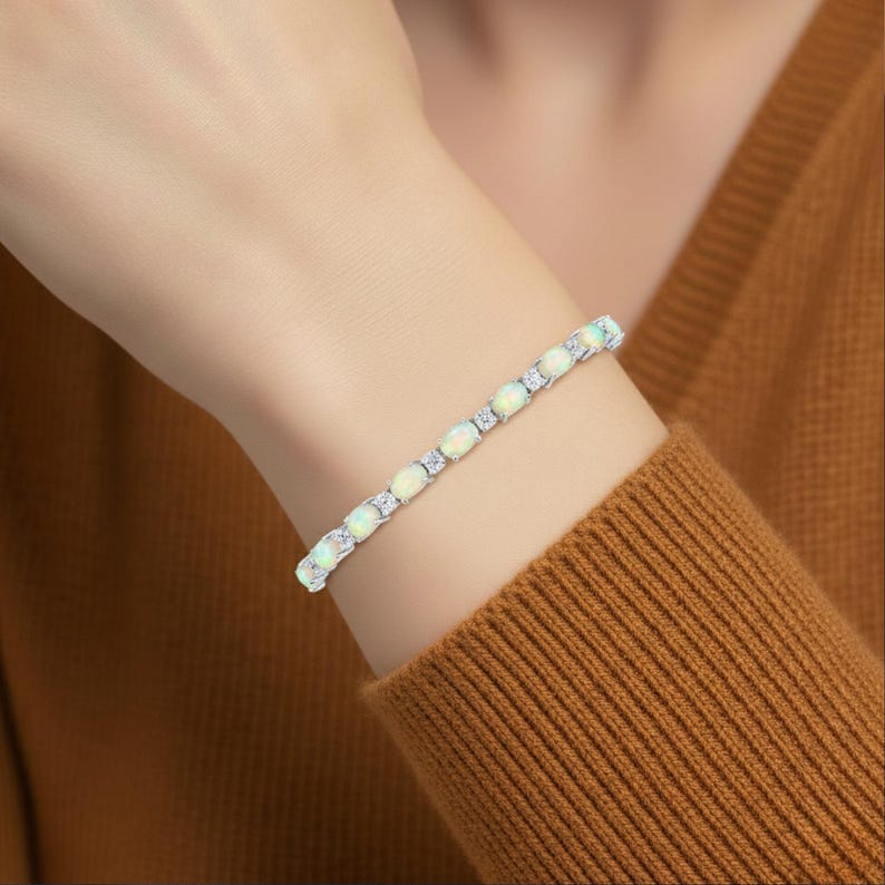 Sterling Silver Fire Opal Bracelet With Brilliant Cubic Zirconia Stones, Adjustable Simulated Opal Bracelet, 6-9 Inch, By TILO Jewelry image 2