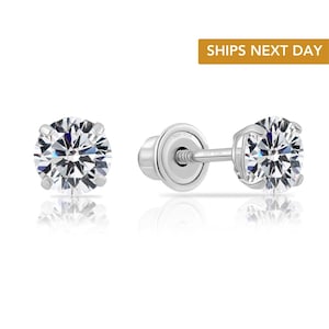 10K White Gold Solitaire Stud Earrings, Screw-back Round Cubic Zirconia Studs in 10K SOLID GOLD, Unisex Design, By TILO Jewelry