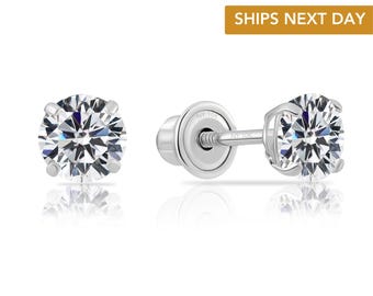 10K White Gold Solitaire Stud Earrings, Screw-back Round Cubic Zirconia Studs in 10K SOLID GOLD, Unisex Design, By TILO Jewelry