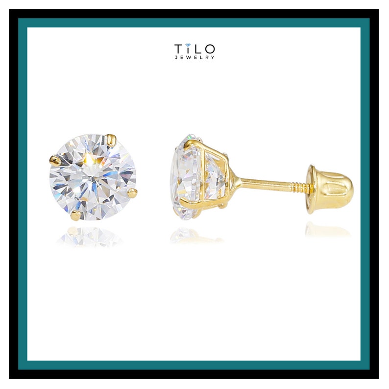 14k Solid Yellow Gold Basket Set Round CZ Stud Earrings, Screw back Cz Studs, Sleeper Cz Studs, Unisex image 2