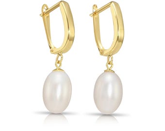 14K Gold Freshwater Pearl Dangle Drop Earrings, Huggie Hoop Design, Wedding/Bridal/Bridesmaid Gift, Handmade With Love By TILO Jewelry
