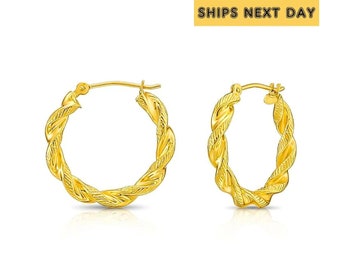14k Yellow Gold Twisted Round Hoop Earrings with Hand Engraved Design