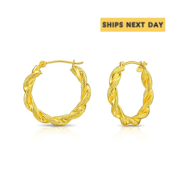 14k Yellow Gold Twisted Round Hoop Earrings with Hand Engraved Design