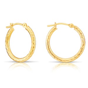 14k Yellow Gold Hand Engraved Full Diamond-cut Round Hoop Earrings, 25mm (1 inch), Designer Hoops By TILO Jewelry