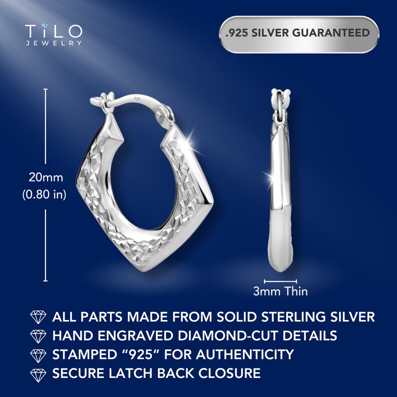 May include: A pair of sterling silver hoop earrings with a diamond-cut texture. The earrings measure 20mm (0.80 in) in height and 3mm in thickness. They feature a secure latch back closure and are stamped 925 to indicate solid sterling silver.
