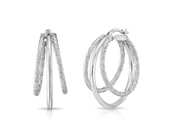 Diamond-cut Hoop Earrings in 925 Sterling Silver, Real Silver Large Hoops, Triple Round Hoops Earrings, Fine Jewelry for Women