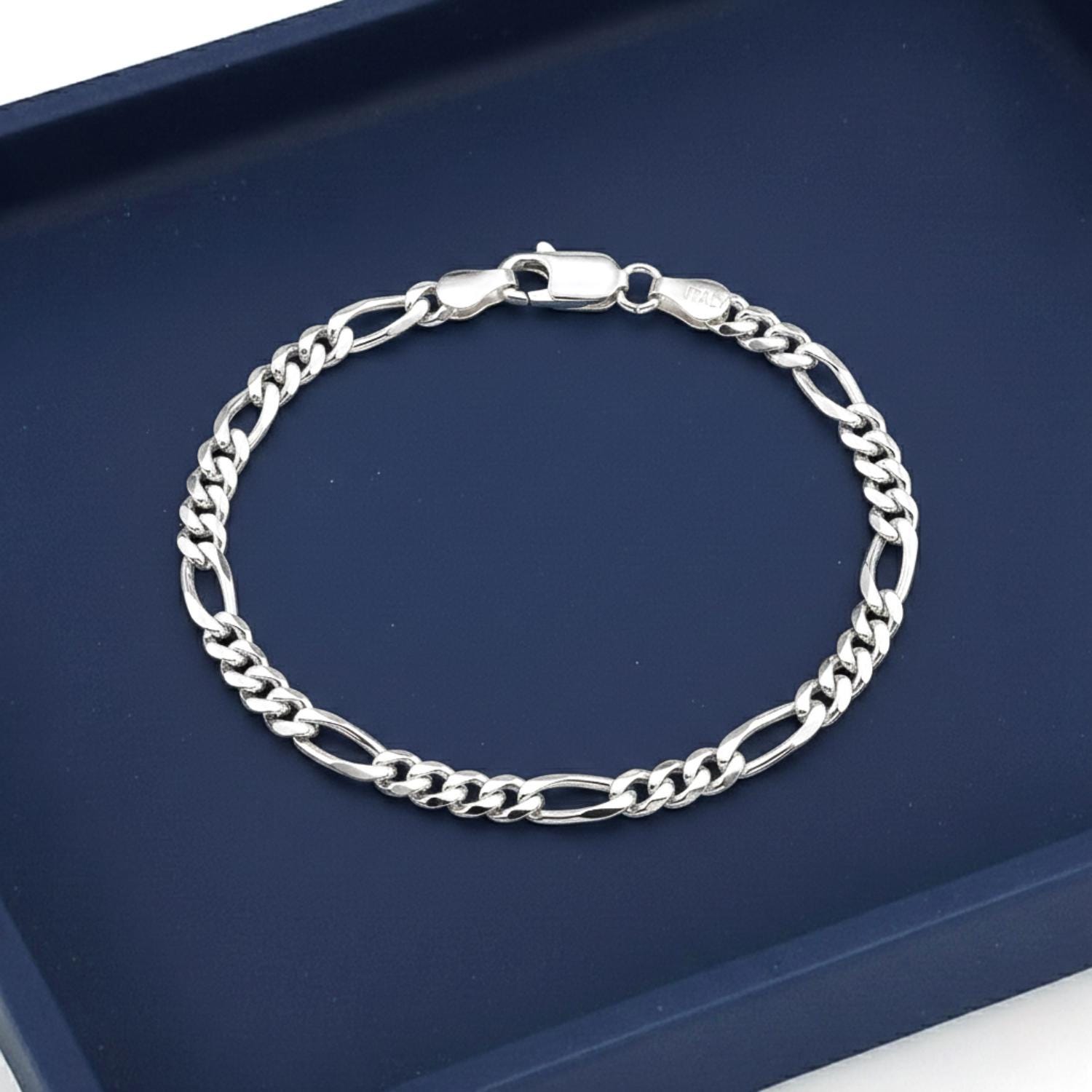 925 Italian Figaro Chain Bracelet, Solid Sterling Silver With