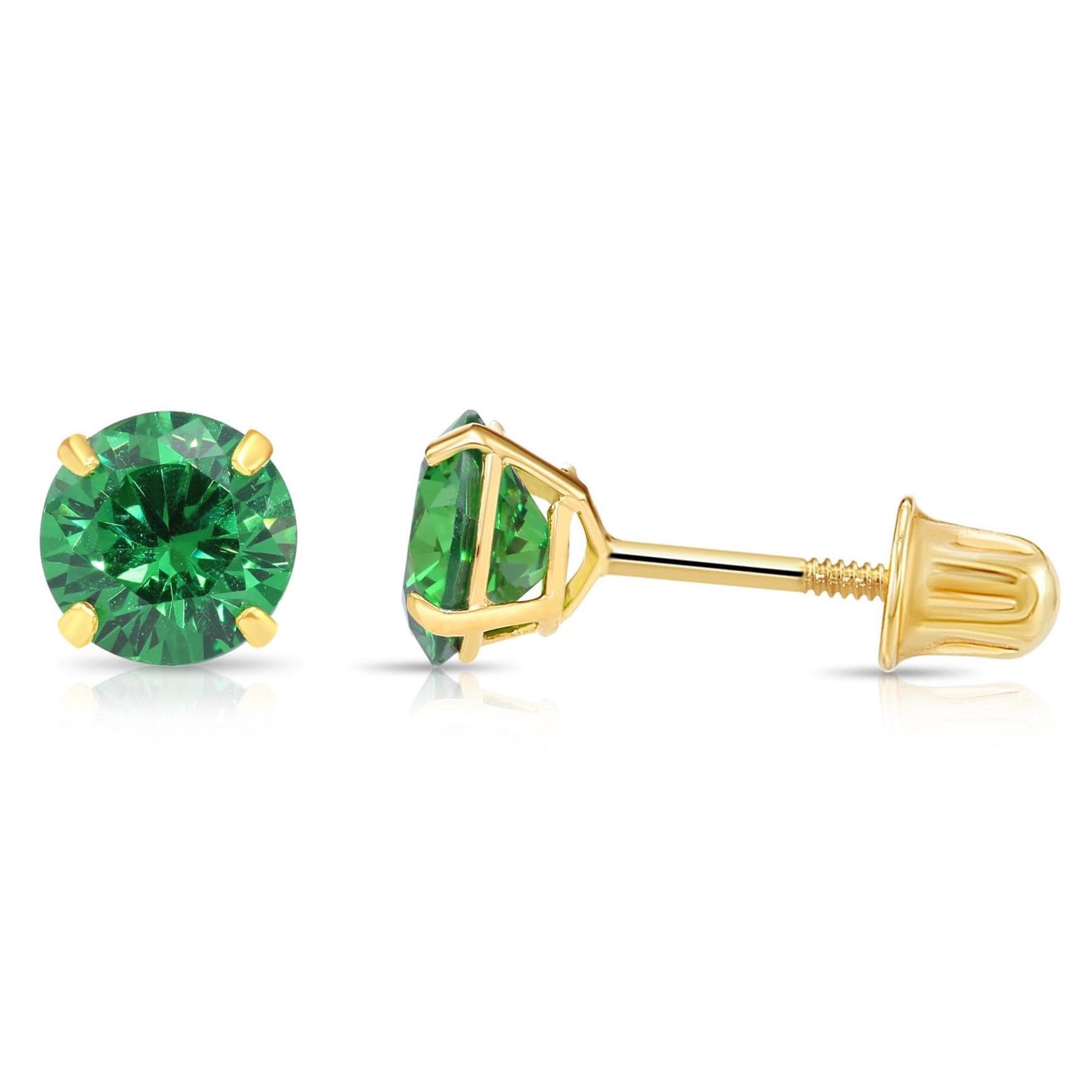 14k Solid Yellow Gold Round CZ Stud Earrings, Screwback Sleeper Studs, May Birthstone Green Emerald Studs, By TILO Jewelry