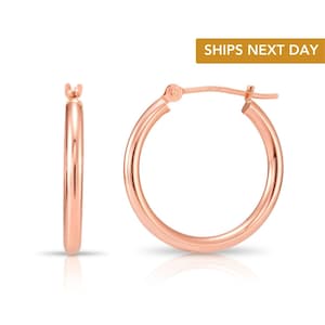 14K Solid Rose Gold Hoop Earrings, Classic Round Shiny Polished Finish, 2mm Thin, Handmade By TILO Jewelry