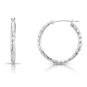 14K White Gold Diamond-cut Round Hoop Earrings, Hand Engraved X Diamond-cut Round Hoop Earrings, Small Medium Large Hoops, By TILO Jewelry