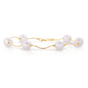 14K Solid Gold Freshwater Pearl Station Bracelet, Handmade Diamond-Cut Chain Bracelet, Freshwater Cultured Pearls, Designed & Made By TILO