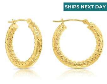 Round Hoop Earrings, 14k Solid Yellow Gold Hoops, Alligator Diamond Cut Design, Small Hoops, 3mm Thickness