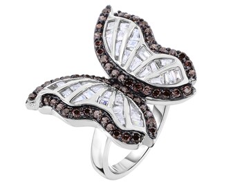 Sterling zilveren vlindercocktailring met witte en chocoladekleurige gesimuleerde diamant Cz