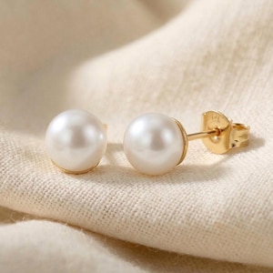 14k Gold Freshwater Pearl Stud Earrings, Lustrous Round White Pearl Studs, Classic Bridal Jewelry, Gift for Her, 5mm, 6mm, 6.5mm, 7mm, 7.5mm