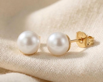 14k Gold Freshwater Pearl Stud Earrings, Lustrous Round White Pearl Studs, Classic Bridal Jewelry, Gift for Her, 5mm, 6mm, 6.5mm, 7mm, 7.5mm