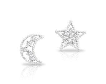 Sterling Silver Moon and Star CZ Stud Earrings, With Butterfly Pushbacks, By TILO Jewelry