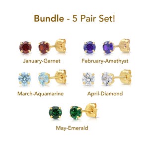 5 Pair Bundle Set! 14k Solid Yellow Gold CZ Birthstone Stud Earrings, Pushback, 3mm, Garnet, Amethyst, Aquamarine, Diamond, Emerald, By TILO