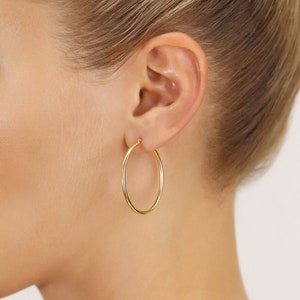 14K Gold Round Hoop Earrings, Solid Yellow Gold Shiny Hoops, Classic Jewelry Handmade with Love 35mm or 1.4 inch