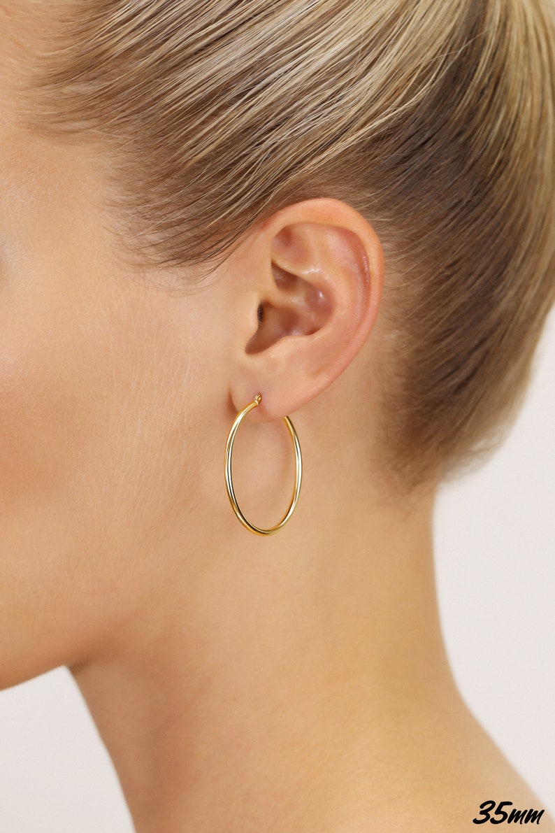 14K Gold Round Hoop Earrings, Solid Yellow Gold Shiny Hoops, Classic Jewelry Handmade with Love 35mm or 1.4 inch