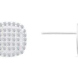 May include: A pair of silver stud earrings with a square-shaped design. The earrings are covered in small, clear stones.
