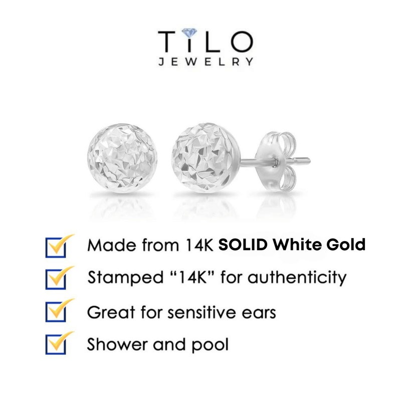 14K White Gold Sparkle Ball Stud Earrings, Hand Engraved Diamond Cuts, By TILO Jewelry image 4