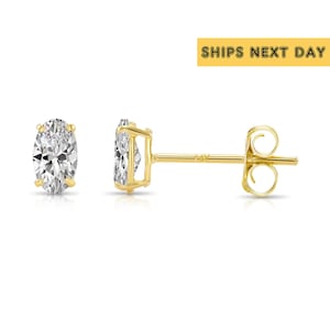 14k Solid Yellow Gold Basket Set Oval CZ Stud Earrings, Push back Cz Studs, Sleeper Cz Studs, Unisex, By TILO Jewelry