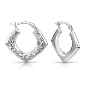 May include: A pair of silver-toned hoop earrings featuring a distinct diamond-shaped silhouette. One earring displays a textured, faceted surface that catches the light, while the other earring has a smooth, polished finish with a hinged clasp closure.